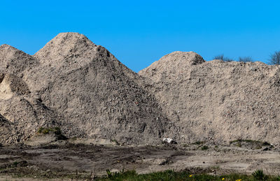 Scenic view of rocky mountains against clear blue sky