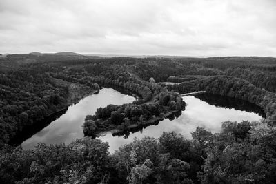 High angle view of trees on landscape against sky