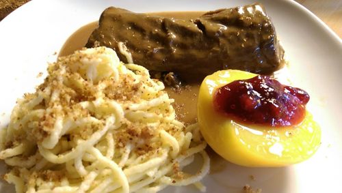 Close-up of breakfast served in plate