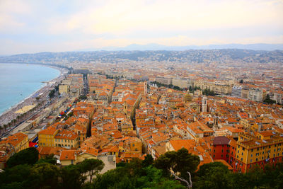 High angle shot of townscape against sky