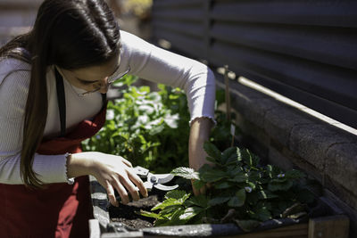 Midsection of woman holding plants