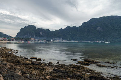 Scenic view of bay against sky