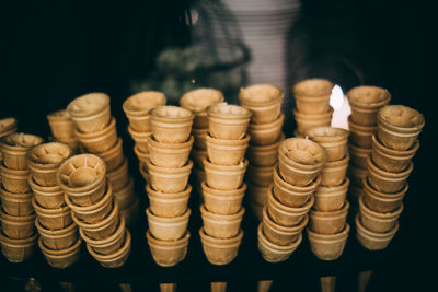 High angle view of stack on table