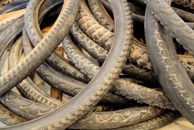 High angle view of abandoned bicycle tires