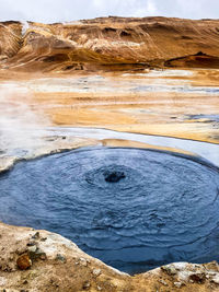 Hot spring surrounded with rocks and sand in iceland