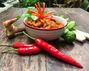 High angle view of chili peppers on table