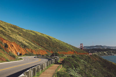 Scenic view of mountain against clear blue sky