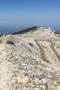 Scenic view of mountain against clear blue sky