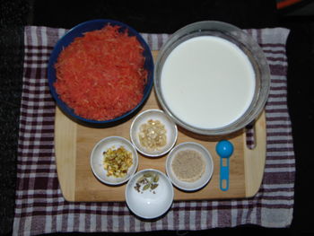 High angle view of breakfast on table