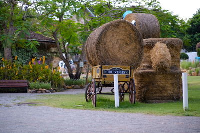 Hay bales on field against trees