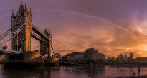 Bridge over river against buildings in city