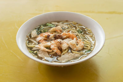 High angle view of soup in bowl on table