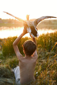 Rear view of shirtless boy on field with flying bird