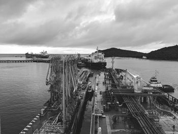 High angle view of commercial dock against sky