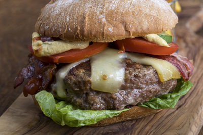 Close-up of burger on table