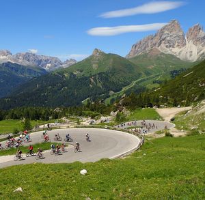 High angle view of people on mountain road