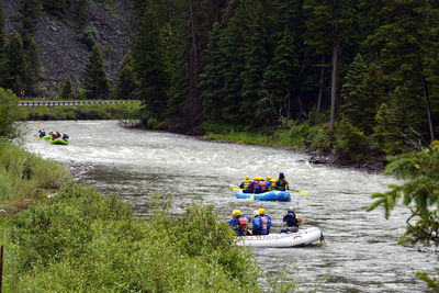 Group of people rafting in gallatin river