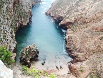 High angle view of rocks by sea