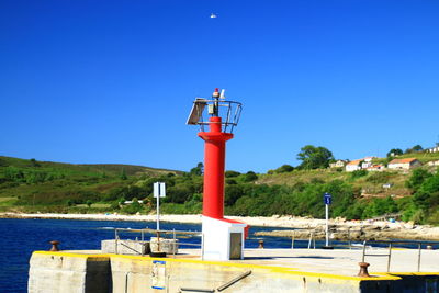 Lighthouse by sea against clear blue sky