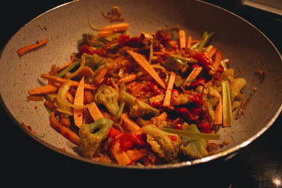 High angle view of chopped vegetables in bowl