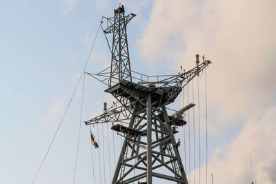 Low angle view of communications tower against sky