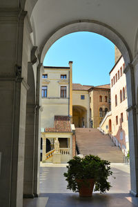 Entrance of building against clear sky