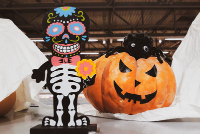 Close-up of jack o lantern on table