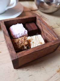 High angle view of desserts on cutting board