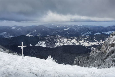Snow covered landscape against sky