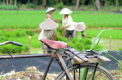 Close-up of bicycle with farmers working in background on field