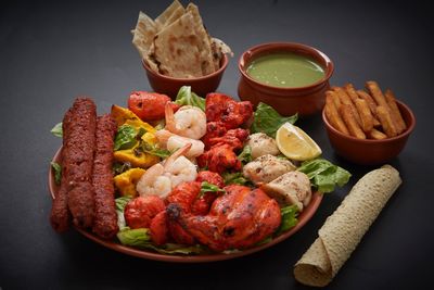 High angle view of food served on table