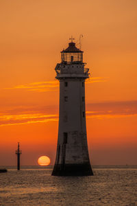 Lighthouse by sea against sky during sunset