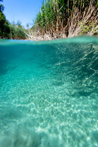 Scenic view of sea against blue sky