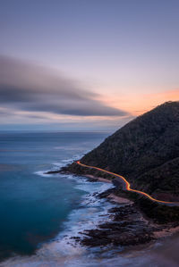 A late evening view from teddy's lookout in lorne, great ocean road with light trails.