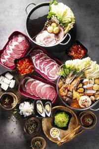 High angle view of various food