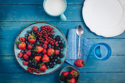 High angle view of fruits in bowl on table