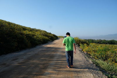 Rear view of man walking on road against clear sky