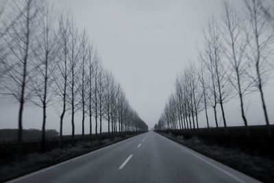 Empty road along bare trees against sky