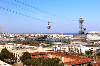 High angle view of buildings in city against clear blue sky