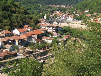 High angle view of buildings in town