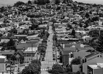 High angle view of houses in town