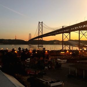 Suspension bridge over river against sky during sunset