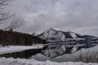 Scenic view of lake and snowcapped mountains against sky