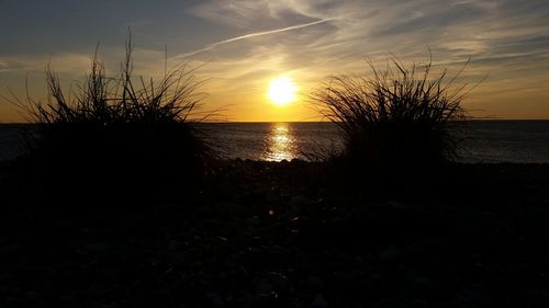 Scenic view of sea against orange sky