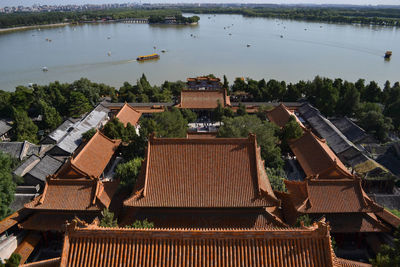 High angle view of building by lake