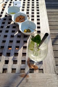 High angle view of drink on table