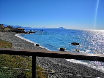 Scenic view of sea against clear blue sky