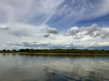 Scenic view of lake against cloudy sky