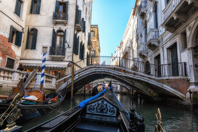 The view of venice canal and bridges from a gondola ride. venice, italy