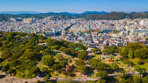 High angle view of townscape against sky